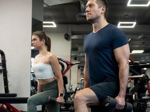 Hombre y mujer haciendo estocadas con mancuernas en un gimnasio