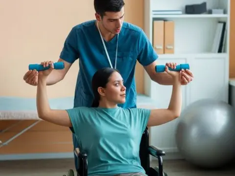 Kinesiólogo guiando a una paciente en silla de ruedas que levanta mancuernas